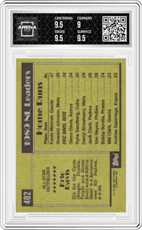 Eric Davis from the 1990 Topps set graded by Arena Club and given an overall grade of 9.5.