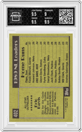 Eric Davis from the 1990 Topps set graded by Arena Club and given an overall grade of 9.5.