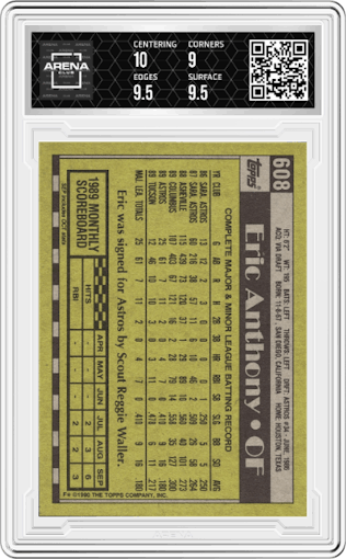 Eric Anthony from the 1990 Topps set graded by Arena Club and given an overall grade of 9.5.