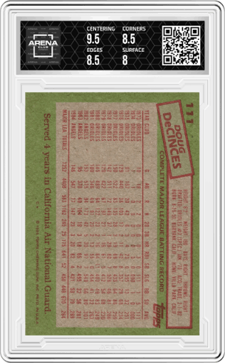 Doug DeCinces from the 1985 Topps set graded by Arena Club and given an overall grade of 8.5.