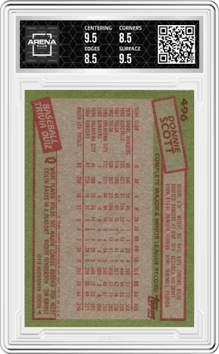 Donnie Scott from the 1985 Topps set graded by Arena Club and given an overall grade of 9.