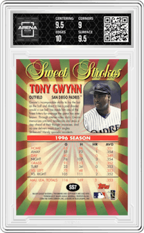 Tony Gwynn from the 1997 Topps set graded by Arena Club and given an overall grade of 9.5.