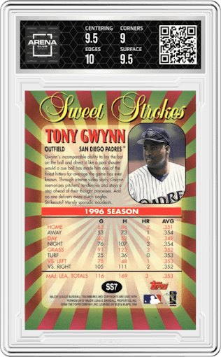 Tony Gwynn from the 1997 Topps set graded by Arena Club and given an overall grade of 9.5.