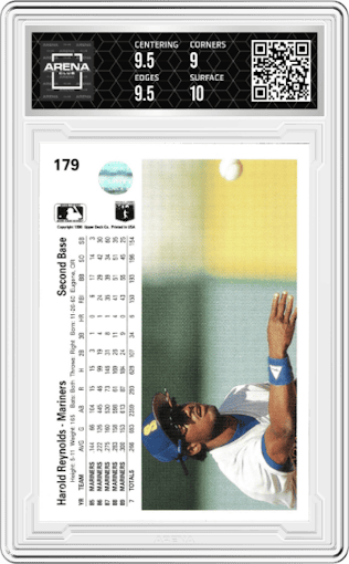 Harold Reynolds from the 1990 Upper Deck set graded by Arena Club and given an overall grade of 9.5.