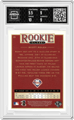 Scott Rolen from the 1997 UD Collector's Choice set graded by Arena Club and given an overall grade of 9.5.