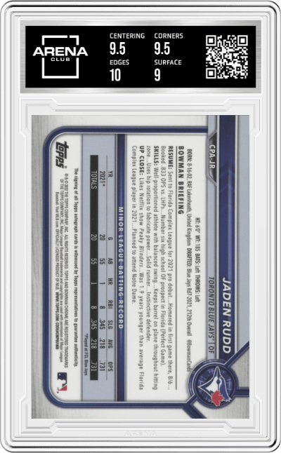 Jaden Rudd from the 2022 Bowman Chrome set graded by Arena Club and given an overall grade of 9.5.