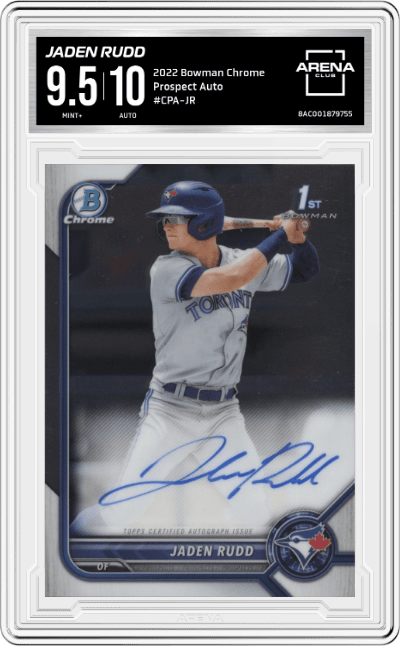 Jaden Rudd from the 2022 Bowman Chrome set graded by Arena Club and given an overall grade of 9.5.