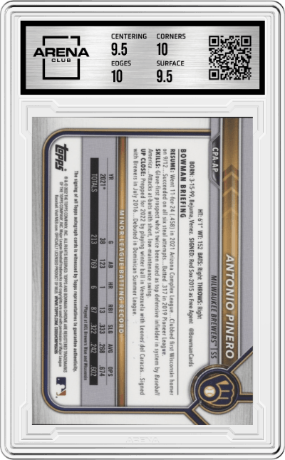 Antonio Pinero from the 2022 Bowman Chrome set graded by Arena Club and given an overall grade of 10.