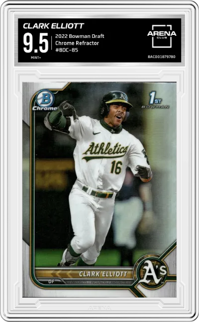 Clark Elliott from the 2022 Bowman Draft set featuring a Refractor parallel graded by Arena Club and given an overall grade of 9.5.