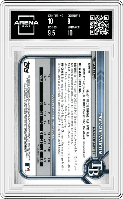 Trevor Martin from the 2022 Bowman Draft set featuring a Refractor parallel graded by Arena Club and given an overall grade of 9.5.
