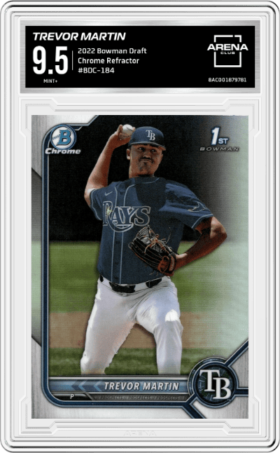 Trevor Martin from the 2022 Bowman Draft set featuring a Refractor parallel graded by Arena Club and given an overall grade of 9.5.