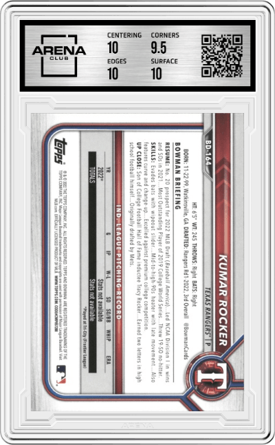 Kumar Rocker from the 2022 Bowman Draft set graded by Arena Club and given an overall grade of 10.