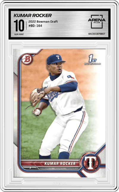Kumar Rocker from the 2022 Bowman Draft set graded by Arena Club and given an overall grade of 10.