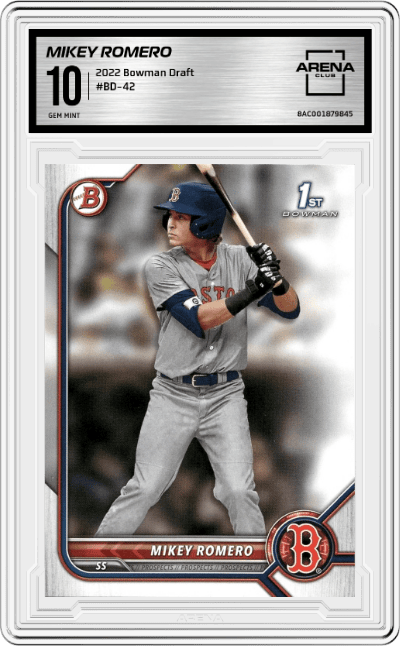Mikey Romero from the 2022 Bowman Draft set graded by Arena Club and given an overall grade of 10.