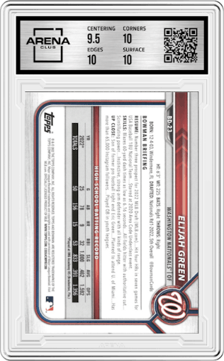 Elijah Green from the 2022 Bowman Draft set graded by Arena Club and given an overall grade of 10.