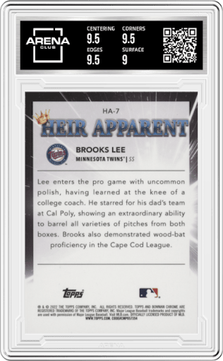 Brooks Lee from the 2022 Bowman Draft set graded by Arena Club and given an overall grade of 9.5.