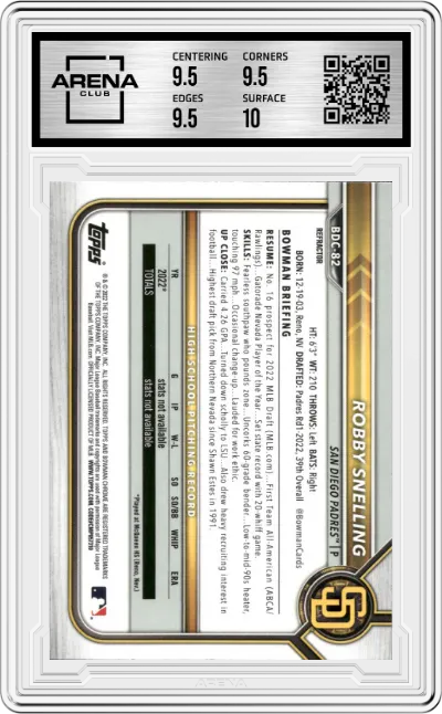 Robby Snelling from the 2022 Bowman Draft set featuring a Refractor parallel graded by Arena Club and given an overall grade of 10.