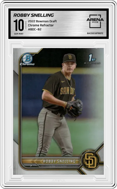 Robby Snelling from the 2022 Bowman Draft set featuring a Refractor parallel graded by Arena Club and given an overall grade of 10.