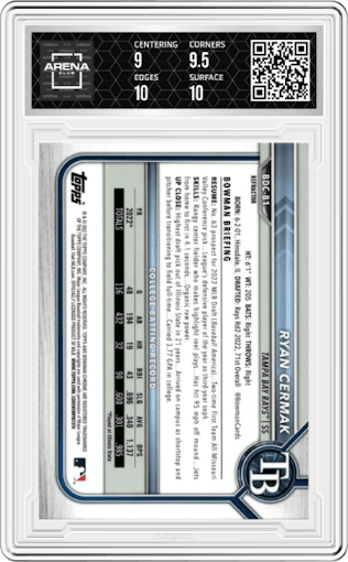 Ryan Cermak from the 2022 Bowman Draft set featuring a Refractor parallel graded by Arena Club and given an overall grade of 9.5.