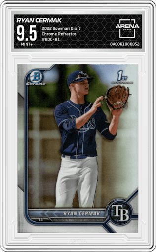 Ryan Cermak from the 2022 Bowman Draft set featuring a Refractor parallel graded by Arena Club and given an overall grade of 9.5.