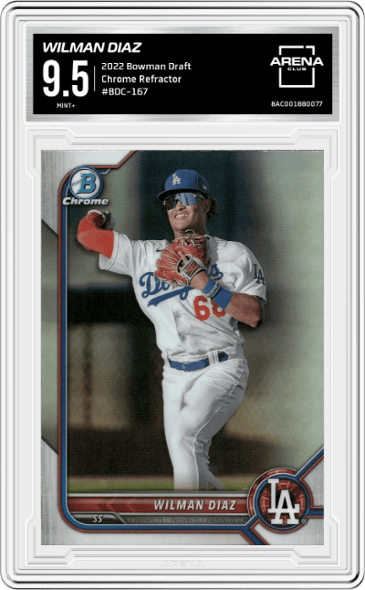 Wilman Diaz from the 2022 Bowman Draft set featuring a Refractor parallel graded by Arena Club and given an overall grade of 9.5.