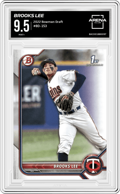 Brooks Lee from the 2022 Bowman Draft set graded by Arena Club and given an overall grade of 9.5.
