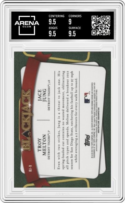 Troy Melton/Jace Jung from the 2022 Bowman Draft set featuring a Chrome parallel graded by Arena Club and given an overall grade of 9.5.