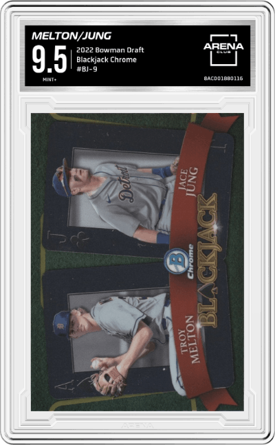 Troy Melton/Jace Jung from the 2022 Bowman Draft set featuring a Chrome parallel graded by Arena Club and given an overall grade of 9.5.