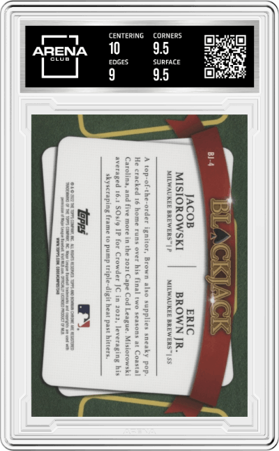 Jacob Misiorwski/Eric Brown Jr.  from the 2022 Bowman Draft set featuring a Chrome parallel graded by Arena Club and given an overall grade of 9.5.