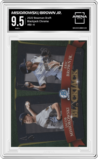 Jacob Misiorwski/Eric Brown Jr.  from the 2022 Bowman Draft set featuring a Chrome parallel graded by Arena Club and given an overall grade of 9.5.