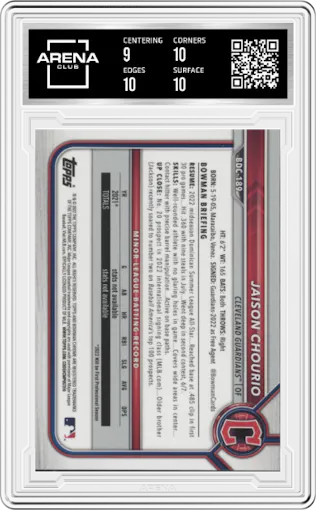 Jaison Chourio from the 2022 Bowman Draft set graded by Arena Club and given an overall grade of 9.5.