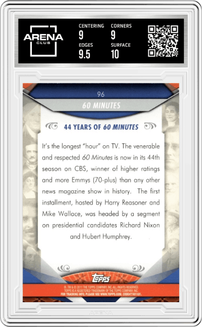 60 Minutes from the 2011 Topps American Pie set graded by Arena Club and given an overall grade of 9.5.