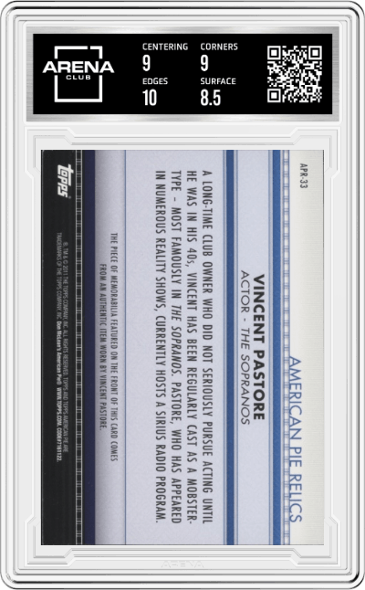 Vincent Pastore from the 2011 Topps American Pie set graded by Arena Club and given an overall grade of 9.