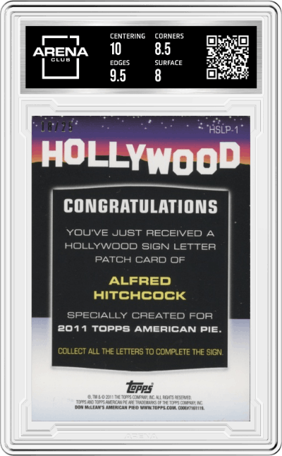 Alfred Hitchcock from the 2011 Topps American Pie set graded by Arena Club and given an overall grade of 8.5.