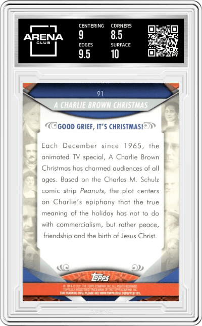 A Charlie Brown Christmas from the 2011 Topps American Pie set graded by Arena Club and given an overall grade of 9.