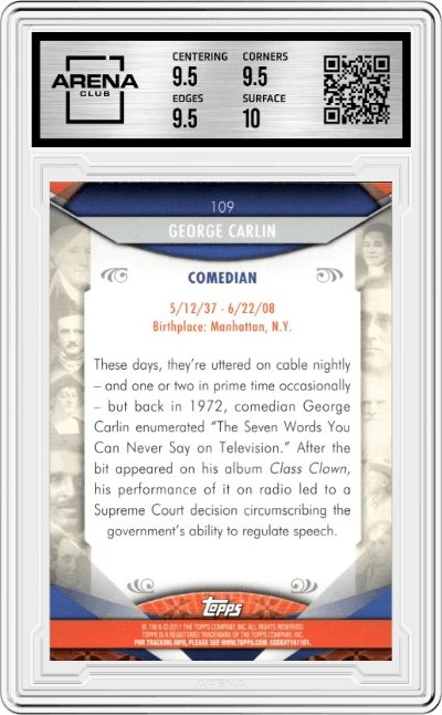 George Carlin from the 2011 Topps American Pie set graded by Arena Club and given an overall grade of 10.