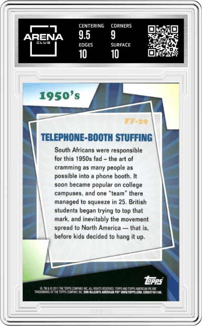 Telephone-Booth Stuffing from the 2011 Topps American Pie set graded by Arena Club and given an overall grade of 9.5.