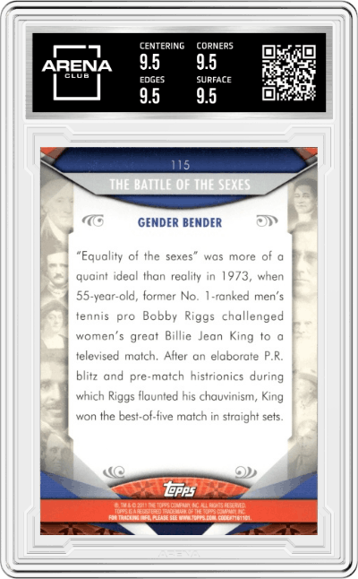The Battle of the Sexes from the 2011 Topps American Pie set graded by Arena Club and given an overall grade of 9.5.