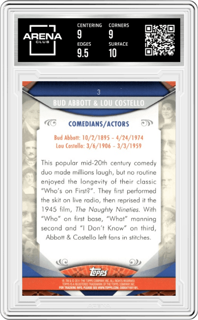 Bud Abbott & Lou Costello from the 2011 Topps American Pie set graded by Arena Club and given an overall grade of 9.5.