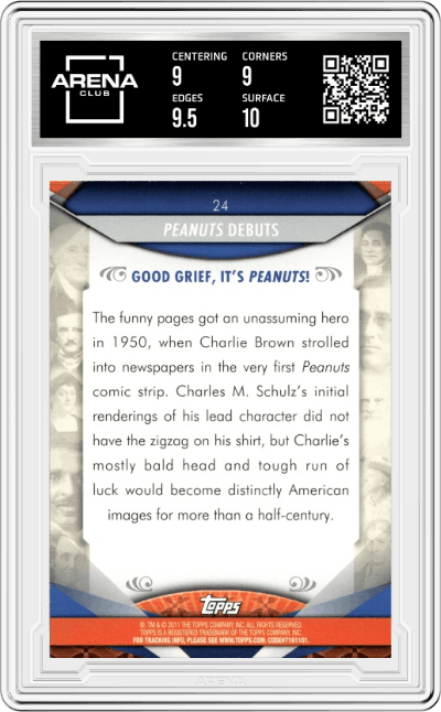 Peanuts Debuts from the 2011 Topps American Pie set graded by Arena Club and given an overall grade of 9.5.