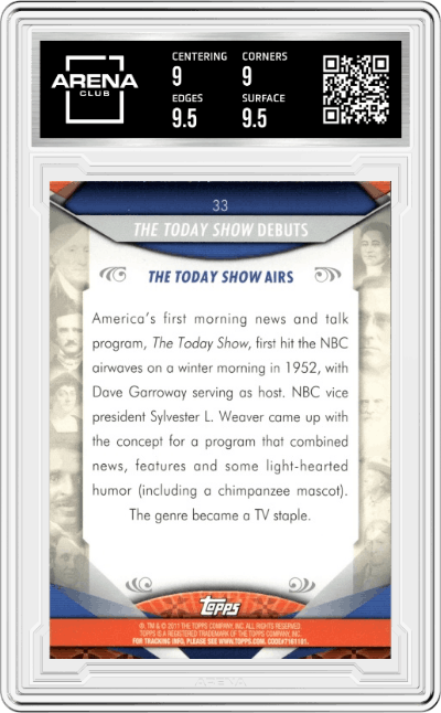 The Today Show Debuts from the 2011 Topps American Pie set graded by Arena Club and given an overall grade of 9.5.