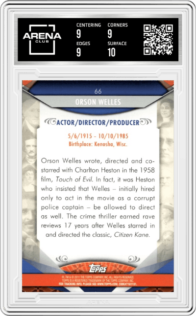 Orson Welles from the 2011 Topps American Pie set graded by Arena Club and given an overall grade of 9.5.