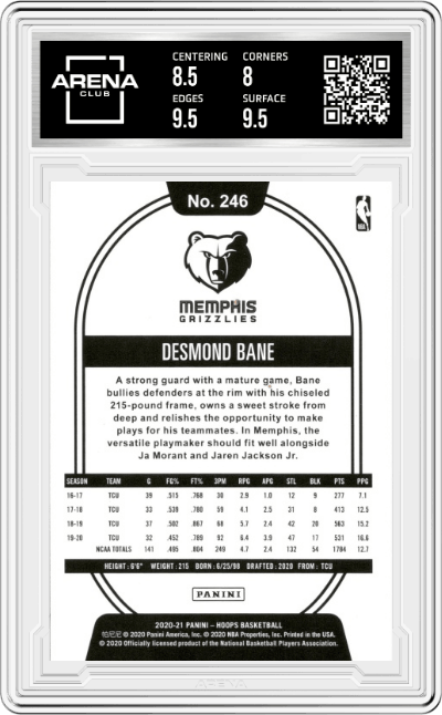 Desmond Bane from the 2020-21 Panini NBA Hoops set featuring a Blue parallel graded by Arena Club and given an overall grade of 8.5.