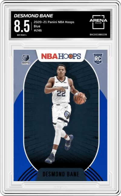Desmond Bane from the 2020-21 Panini NBA Hoops set featuring a Blue parallel graded by Arena Club and given an overall grade of 8.5.
