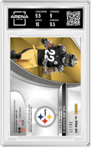 Najee Harris from the 2021 Panini Spectra set featuring a Hyper parallel graded by Arena Club and given an overall grade of 9.5.