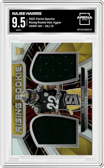 Najee Harris from the 2021 Panini Spectra set featuring a Hyper parallel graded by Arena Club and given an overall grade of 9.5.