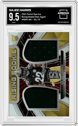 Najee Harris from the 2021 Panini Spectra set featuring a Hyper parallel graded by Arena Club and given an overall grade of 9.5.