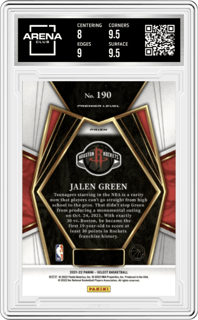 Jalen Green from the 2021-22 Panini Select set featuring a Silver Prizm parallel graded by Arena Club and given an overall grade of 8.5.