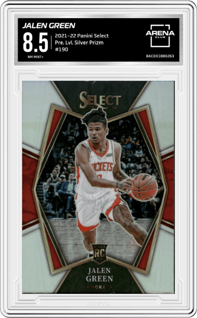 Jalen Green from the 2021-22 Panini Select set featuring a Silver Prizm parallel graded by Arena Club and given an overall grade of 8.5.