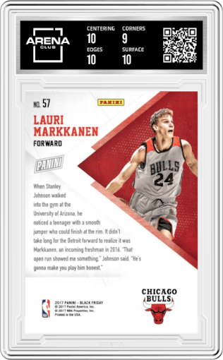 Lauri Markkanen from the 2017 Panini Black Friday set graded by Arena Club and given an overall grade of 9.5.